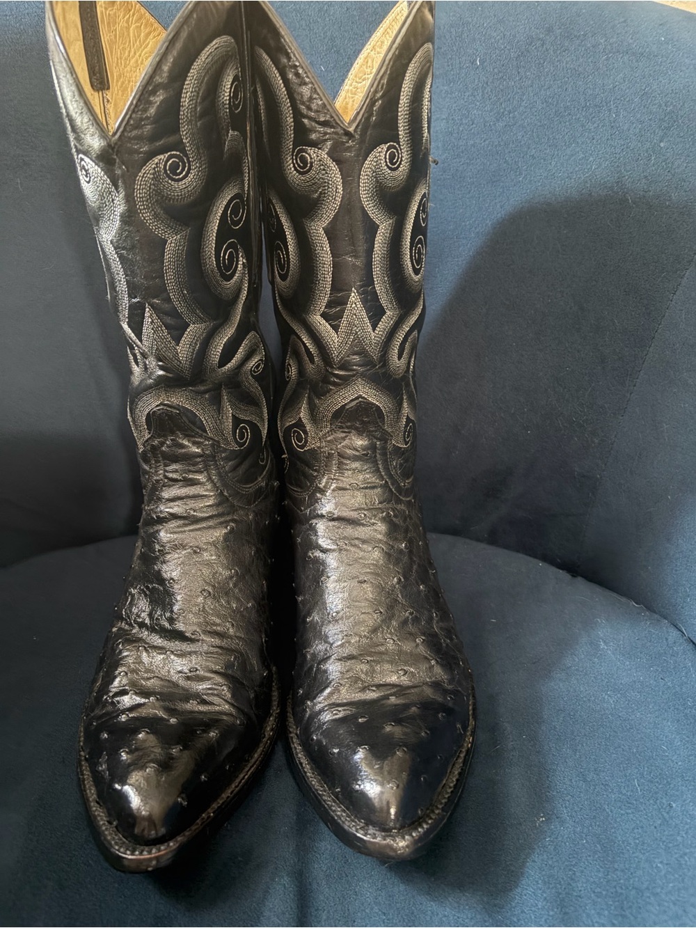 Boots Black Embossed Leather Cowboy Boots with Silver Stitching